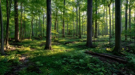 Obraz premium Sunlight filters through a dense forest.