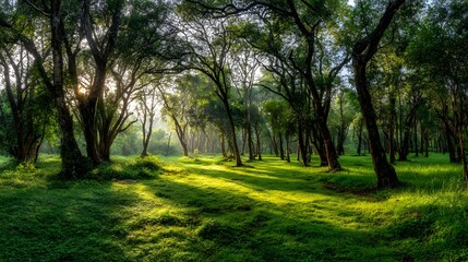 Obraz premium Sunlight streams through a lush forest.