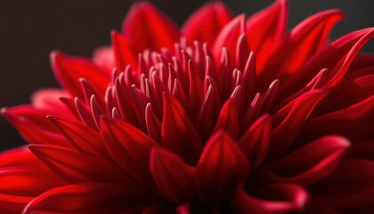 A close up of a vibrant red dahlia flower with intricate petal arrangement and dark background setting