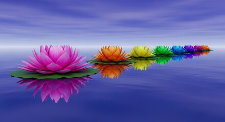 A row of colorful lotus flowers floating on water under a blue sky with reflections showing