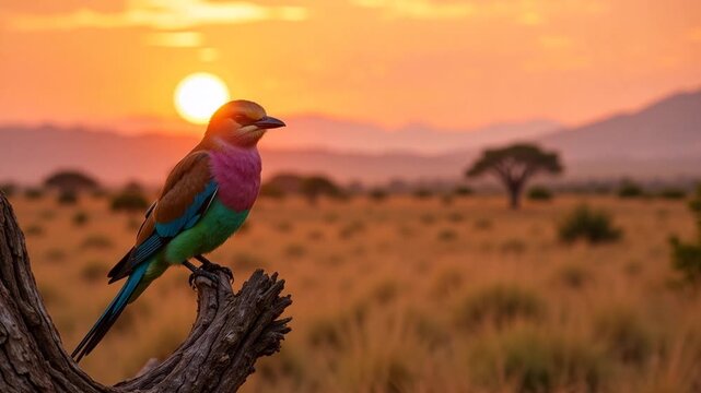 Vibrant lilac breasted roller bird perched beautifully at sunset in African savanna wildlife scene