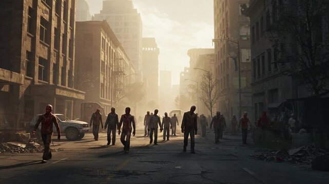 A haunting post-apocalyptic cityscape where a group of zombies emerges from the shadows, highlighting the desolate urban landscape and the eerie stillness of abandoned buildings.