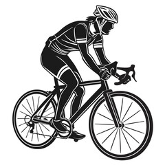 Naklejka premium Monochrome Silhouette of a Cyclist Riding a Road Bike, Wearing a Helmet and Racing Gear, in Dynamic Motion on a White Background