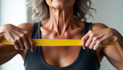 Senior woman exercising with resistance band fitness equipment for home workout routine and healthy lifestyle with copy space; active aging