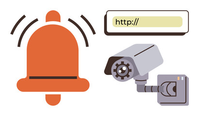 Vibrating alarm bell, CCTV camera monitoring activity, and a highlighted URL bar emphasize security, surveillance, and online safety. Ideal for cybersecurity, alert systems, privacy, monitoring data