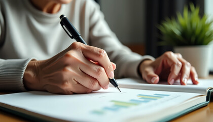 Person analyzing charts and graphs while taking notes in office setting with copy space for business strategy and financial planning; professional focus