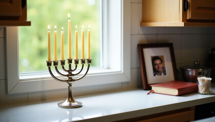 Golden menorah with lit candles displayed on bright kitchen countertop near portrait and book by window with copy space