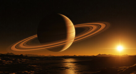 Saturn with its rings illuminated by a bright sun at sunset © ParvinPro