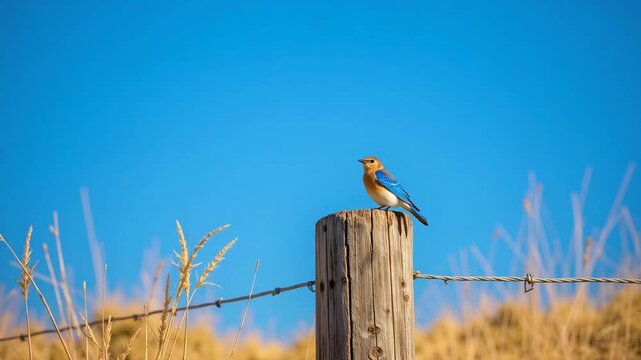 Vibrant bluebird perched gracefully, surveying its domain in golden sunlight on a fencepost