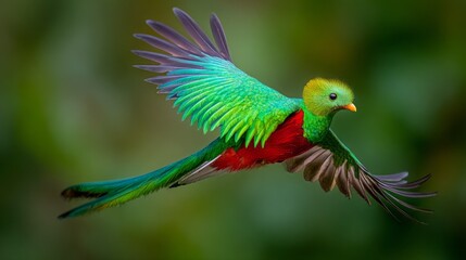 Fototapeta premium Flying resplendent quetzal exhibiting vibrant plumage in lush tropical rainforest during daylight