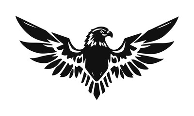 Eagle logo template. Black and white silhouette of an eagle with spread wings. Symmetrical and stylish logo, perfect for branding and emblems