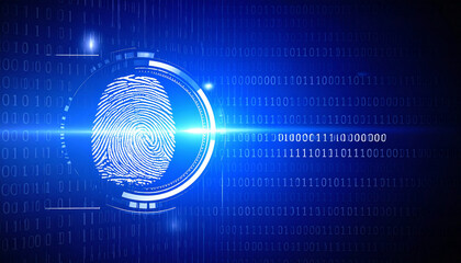 Obraz premium Digital Authentication: A high-tech digital fingerprint, radiating with a vibrant blue glow, positioned over a backdrop of binary code, symbolizing advanced security and access.