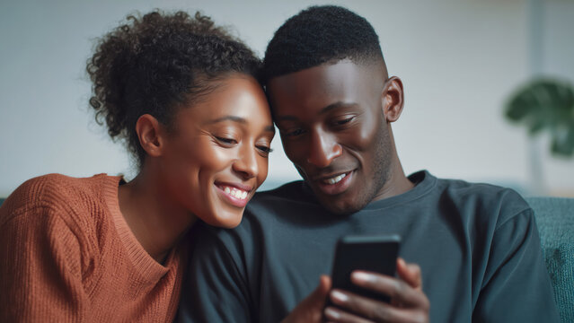 Fictional Black couple sitting on the couch, smiling and looking at the phone together. Concept of favoring candid over curated moments.