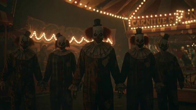 A Terrifying Encounter with Sinister Clowns at a Haunted Carnival, Engulfed in Shadows and Eerie Lights, Sends Chills Down Your Spine as They Approach