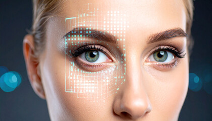 Digital Eye Scan: A close-up shot captures the captivating gaze of a person with a digital scan overlaid on her eye, blending technology and natural beauty to evoke a sense of modern vision.