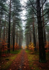 Obraz premium Misty Autumn Forest Path with Tall Trees and Colorful Foliage