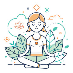 Mindful Meditation Serenity A Woman's Journey to Inner Peace Surrounded by Nature's Calm Embrace A Colorful Illustration