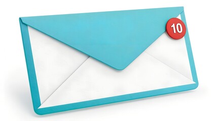 Blue envelope with a red notification bubble showing the number 10, isolated on a white background, representing new emails or messages