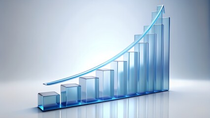 A 3d blue glass bar chart showing a strong upward trend and growth, symbolizing business success, financial progress, and positive economic development