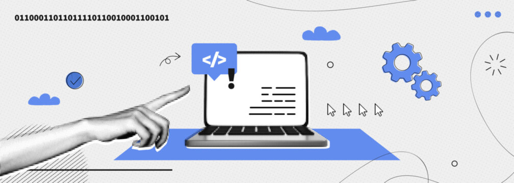 Trendy Halftone Collage Programming and coding concept. Computer laptop with code on screen and hand. Software development. Website coding process. Contemporary vector illustration art