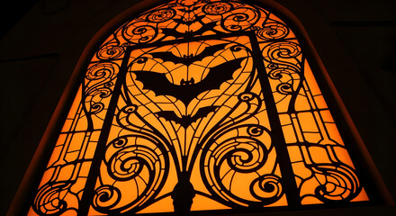 Translucent Orange Acrylic Panel Backlit with Black Bat Silhouettes, Stained Glass Effect, Church Window Glow