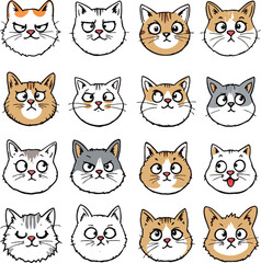 Fototapeta premium Set of funny and cute cat face expressions. Vector illustration of cartoon kitten emoji heads