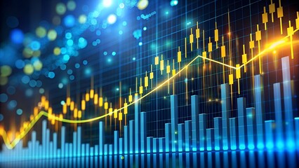 Naklejka premium Abstract digital financial graph with rising trend line and bar chart, representing stock market growth, investment, and economic performance with blue and yellow glowing lights