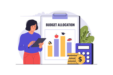 Woman Reviewing Budget Allocation Bar Chart Illustration. Vector Flat Illustration