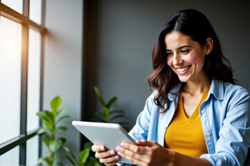 A woman in a yellow shirt and denim jacket smiles as she uses a tablet.