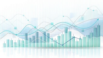 Abstract financial data analysis with charts, graphs, and trends in blue and green tones, isolated on white background