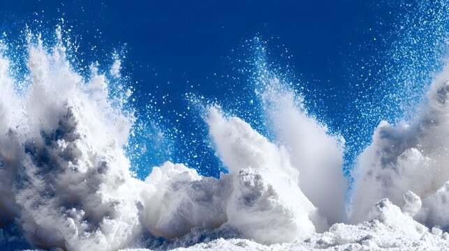 Snow exploding into the bright blue sky.