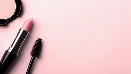 Obraz premium Minimalist Flat Lay Composition of Beauty Essentials Pink Lipstick Beige Compact Powder and Mascara Wand on Pastel Pink Background Ideal for Cosmetic Advertising and Fashion Editorials 