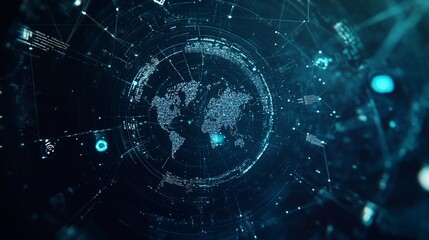 Obraz premium Abstract digital world map with interconnected network nodes and data streams forming a complex global web