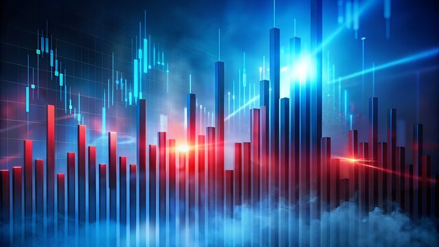 Abstract representation of financial market trading with rising and falling stock charts, data analysis, and economic growth concepts in a futuristic blue and red neon light