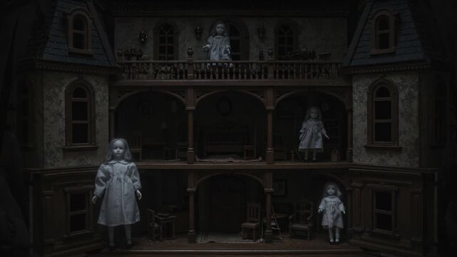 A Hauntingly Beautiful Display of Vintage Dolls in an Eerie Dollhouse, Showcasing Their Ghostly Presence in a Dimly Lit Setting