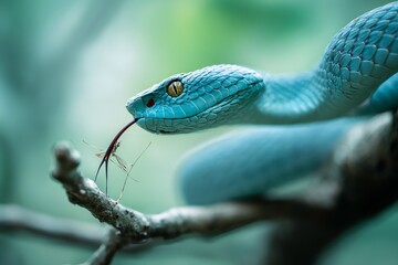 Fototapeta premium A vibrant blue snake delicately holds a slender insect on a branch, showcasing a captivating moment of predator and prey in a lush, natural setting, emphasizing texture and detail.