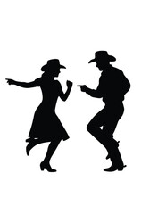 Cowboy and cowgirl silhouettes silhouette of a cowboy couple dancing in western style, isolated on white background
