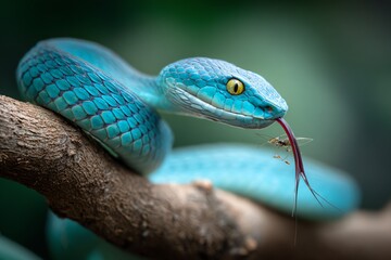A vibrant blue snake, poised on a branch, displays its recent catch – a delicate insect – highlighting the raw beauty and predatory nature of wildlife in its habitat.
