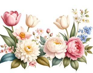 Pastel-hued floral arrangement featuring tulips, roses, and dahlias