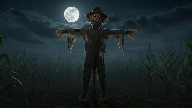 A Fearsome Nighttime Specter: A Scarecrow Standing Vigilant Under the Full Moon in a Spooky Cornfield Amidst Ominous Clouds and Darkness