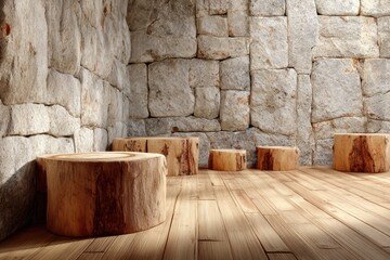 Wooden stumps floor with stone wall
