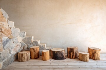 Wooden stumps floor with stone wall