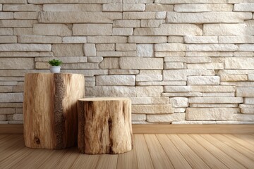 Wooden stumps floor with stone wall