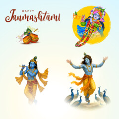 Lord Krishna Janmashtami Celebration with Flute, Dance, Peacocks and Festive Matki Decoration