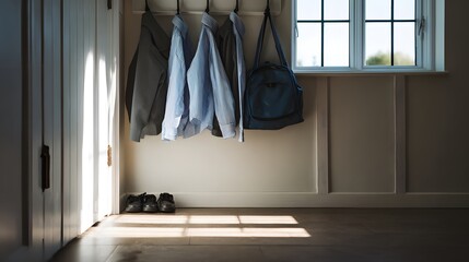 Morning light streams through, school uniform hangs near shoes and bag