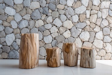 Wooden stumps floor with stone wall