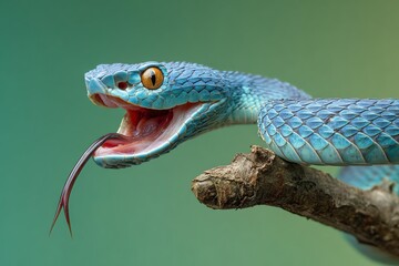 Naklejka premium A vibrant blue pit viper displays its forked tongue, poised on a weathered branch against a soft green backdrop, capturing a moment of reptilian intensity and natural beauty.