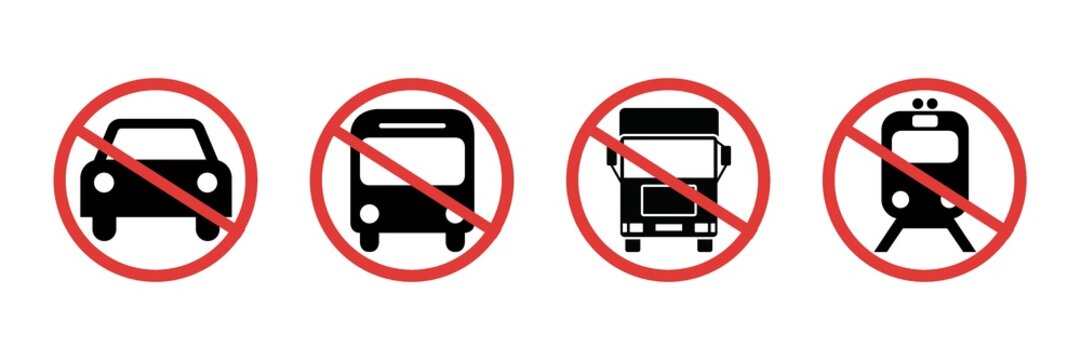 Set of vehicles entry icon, no cars parking, no trucks entry, no trainsentry, no bus parking sign, forbidden signs. red forbidden sign, No car parking, warning signs.