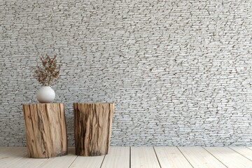 Wooden stumps floor with stone wall