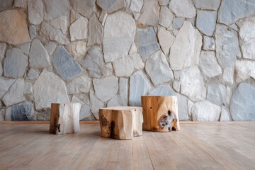 Wooden stumps floor with stone wall